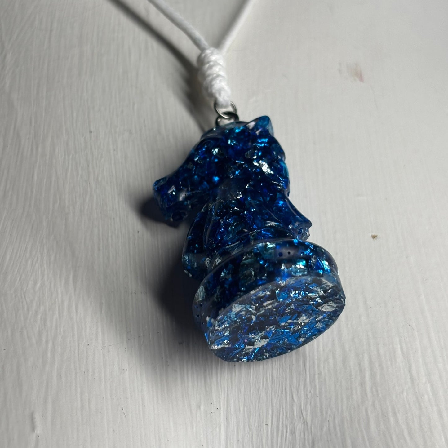 Blue Crystal Knight - Handmade Resin Chess Necklace