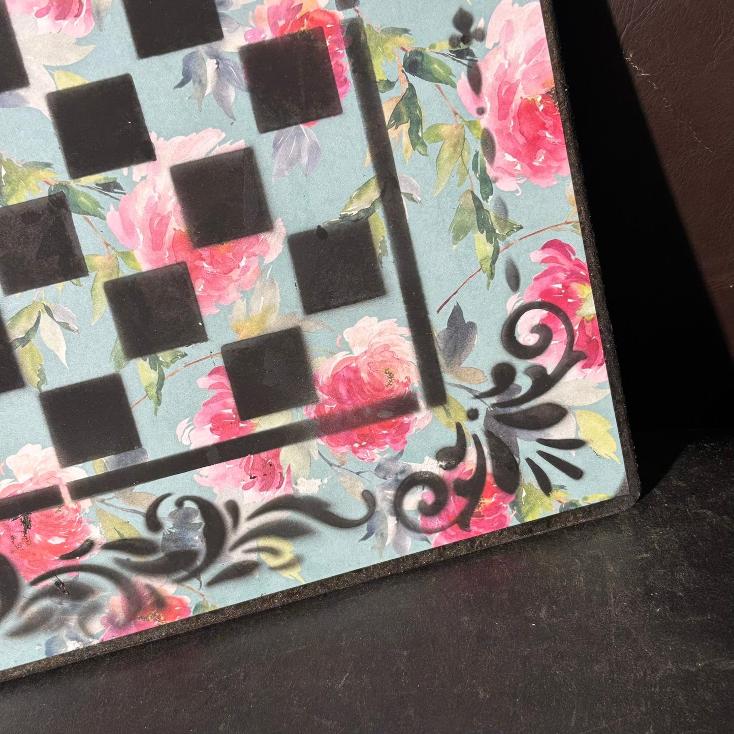Mint Green Pink Flowers - Scrapbook Chess Board