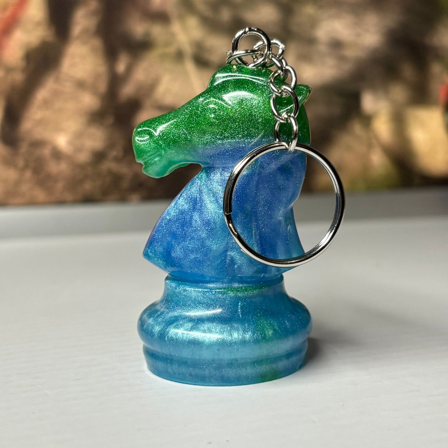 Green/Blue Enmeshed Knight - Handmade Resin Keychain - Large Edition
