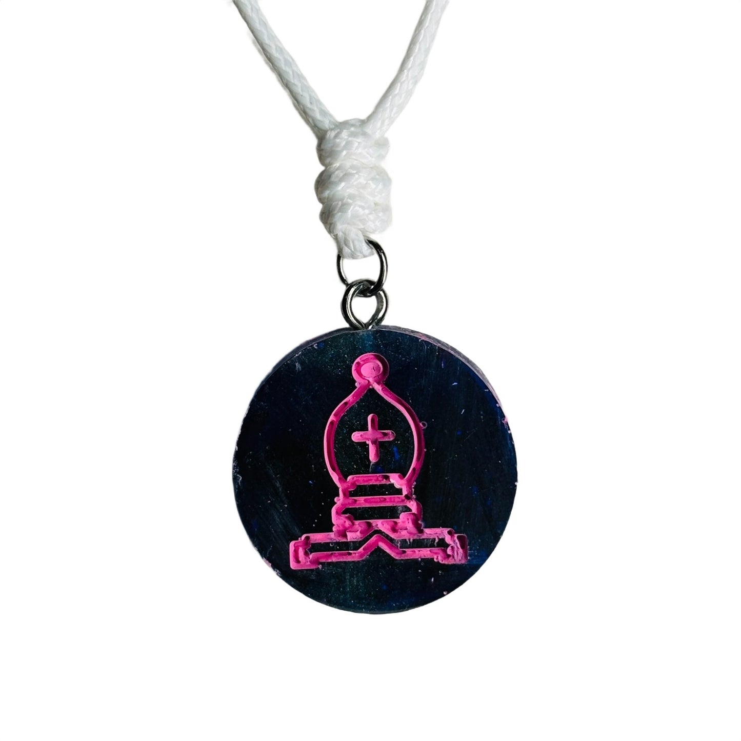 Navy Blue Pink Bishop - Handmade Resin Chess Necklace