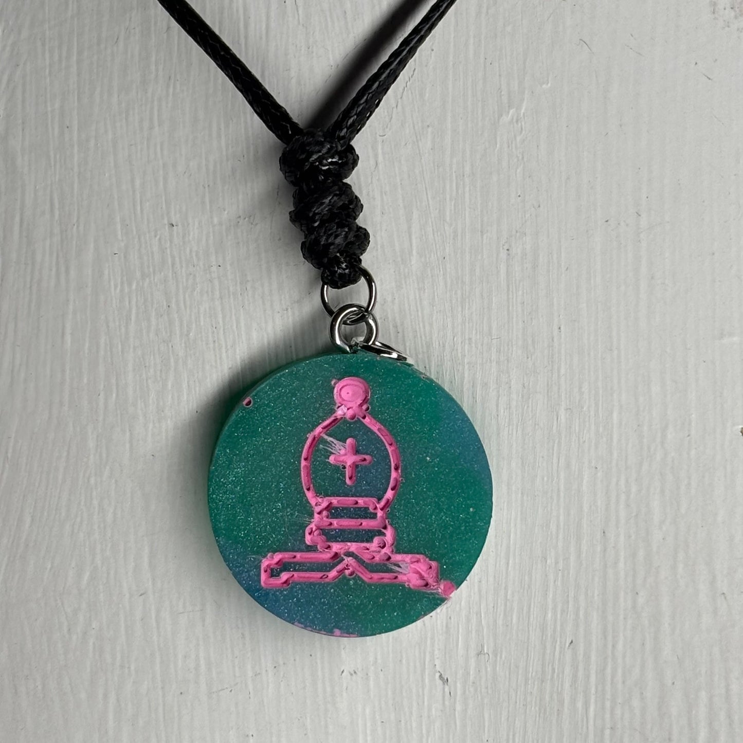 Aqua Pink Bishop - Handmade Resin Chess Necklace