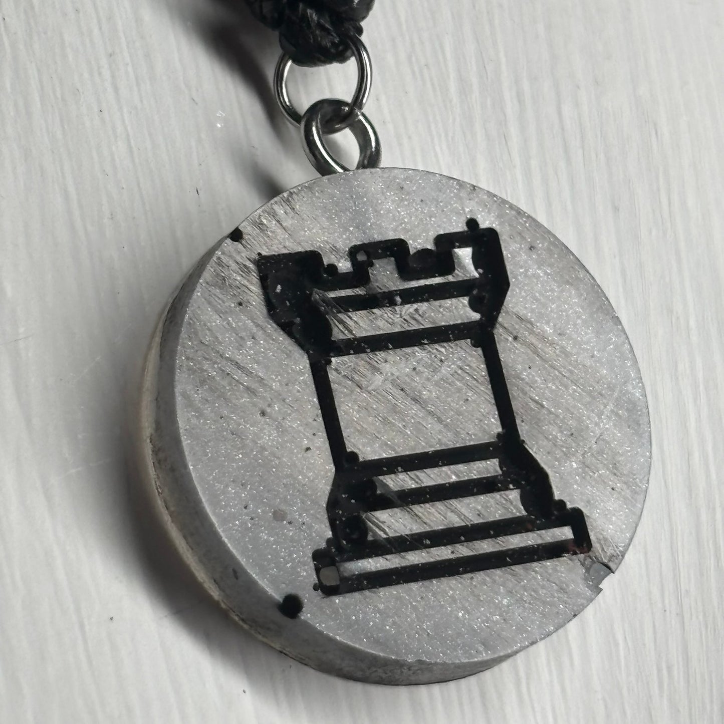 Dark Silver Rook - Handmade Resin Chess Necklace