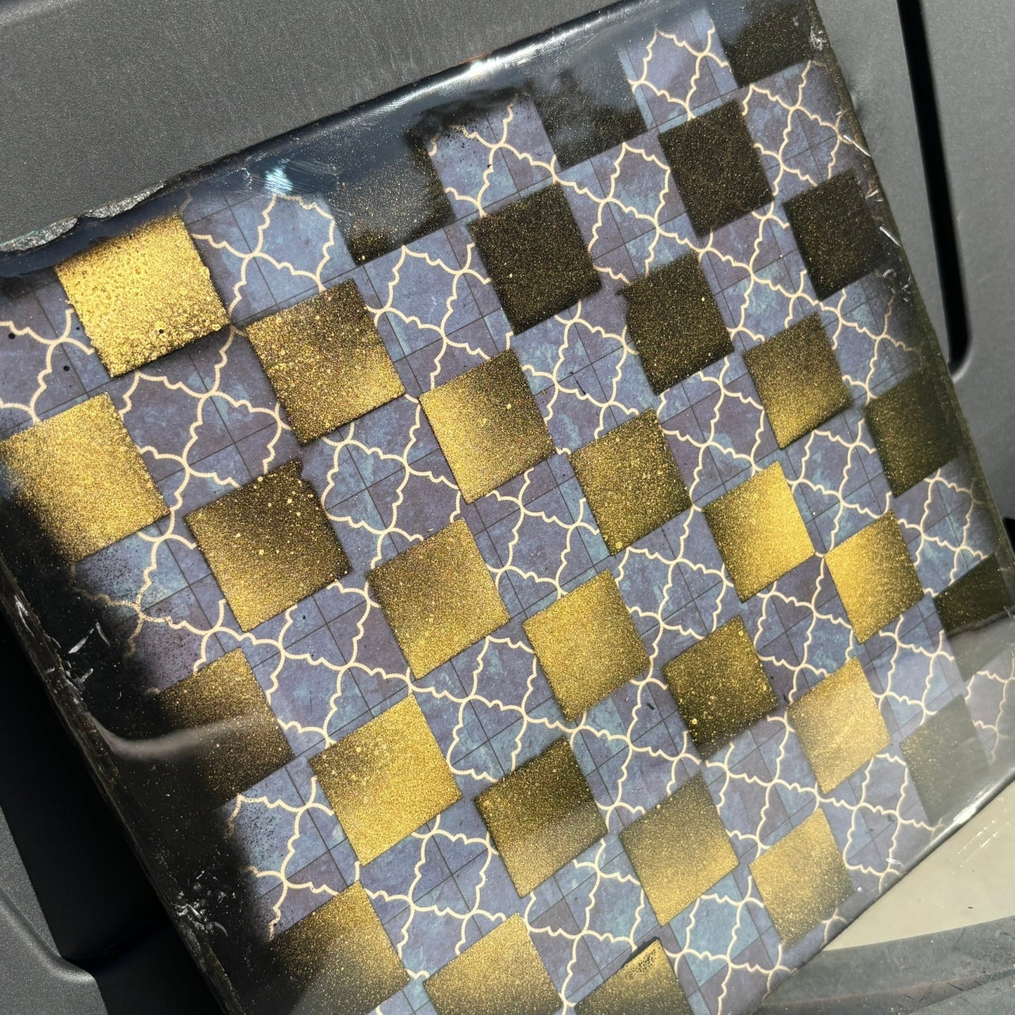 Blue Stem Patterned Gold Splash - Resin Coated Chess Board