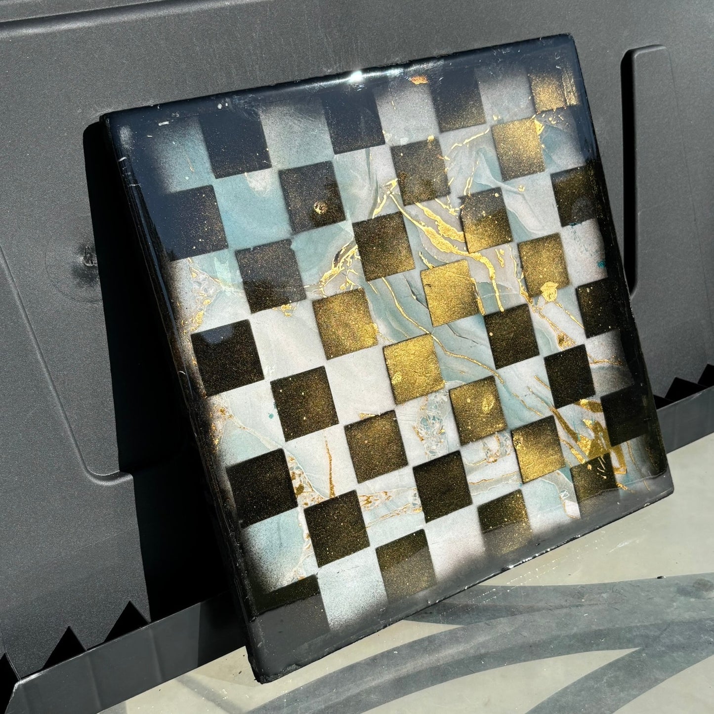 Golden Sky Blue Marble Style - Resin Coated Chess Board