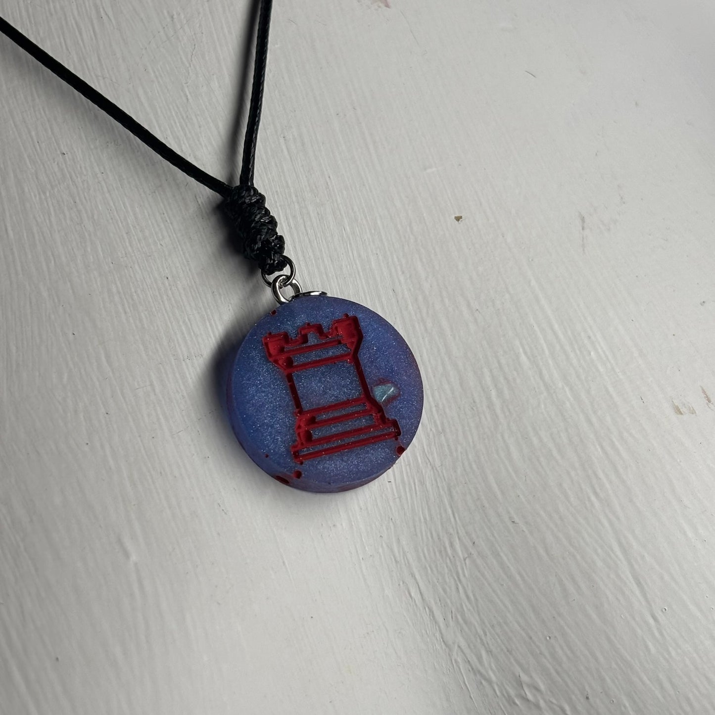 Blue & Red Rook - Handmade Resin Chess Necklace