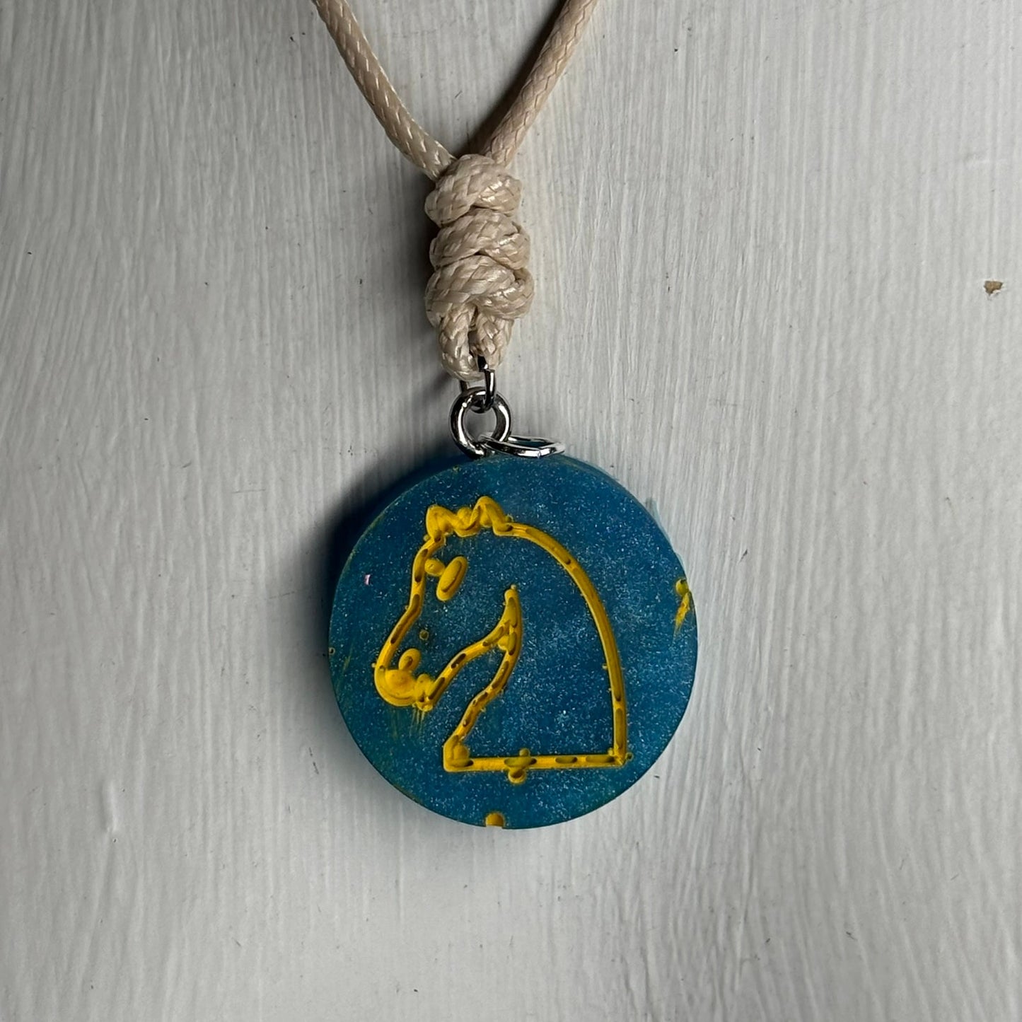 Cream Blue Knight - Handmade Resin Chess Necklace