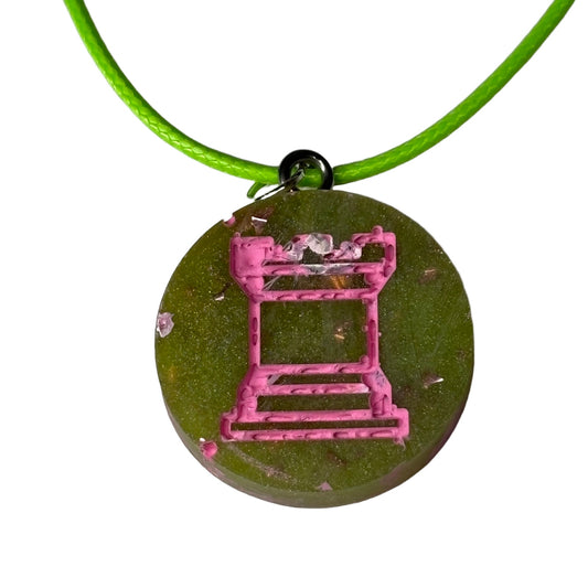 Green/Pink Rook - Handmade Resin Chess Necklace