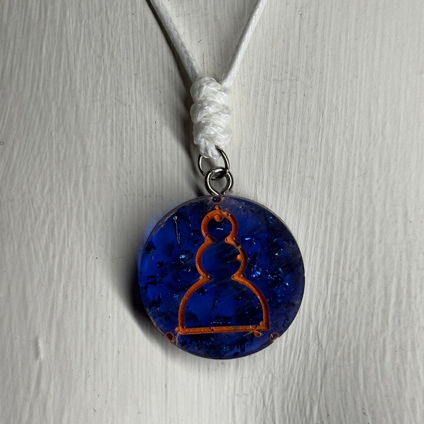 Blue Crystal Orange Pawn - Handmade Resin Chess Necklace