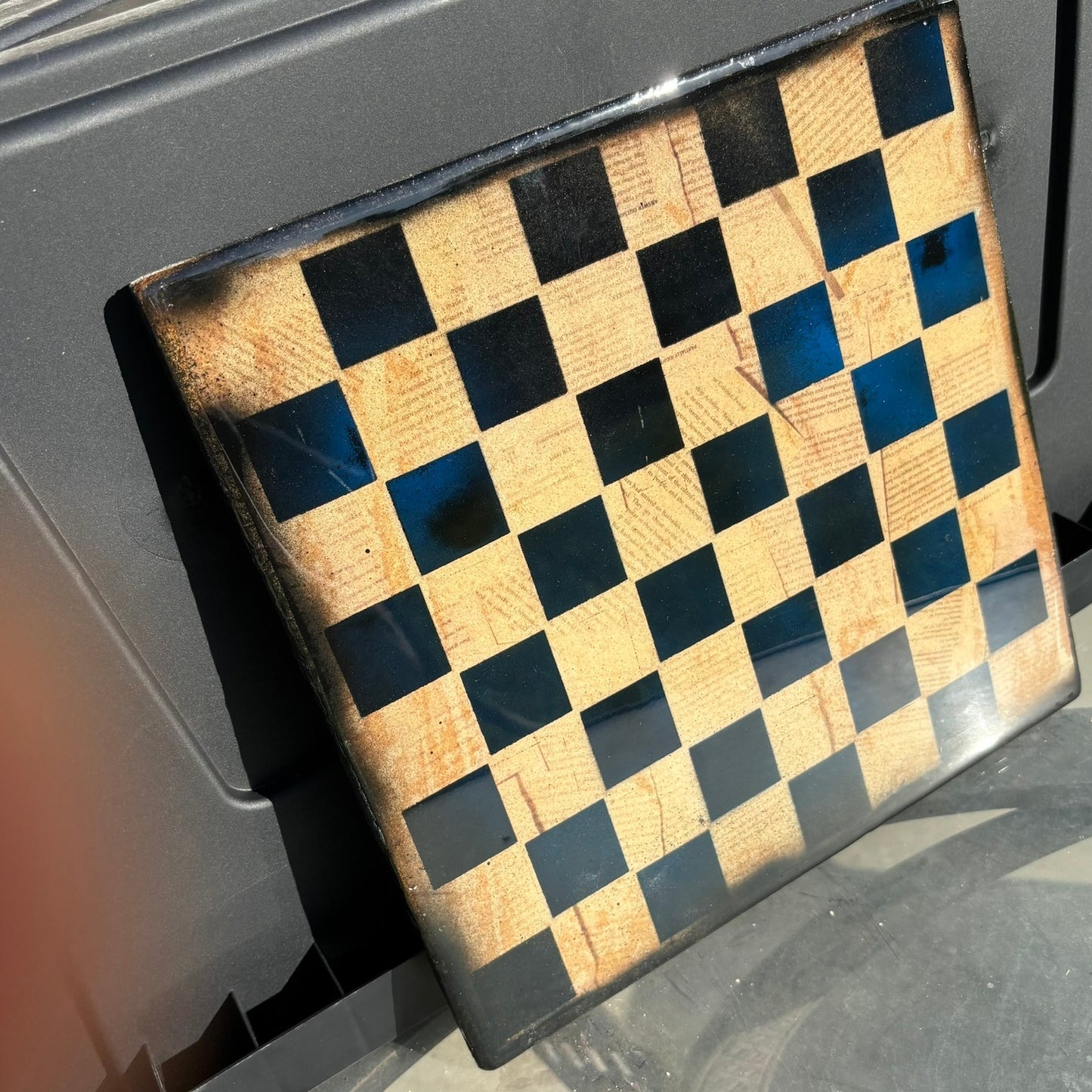 Mist Blue Vintage Text - Resin Coated Chess Board