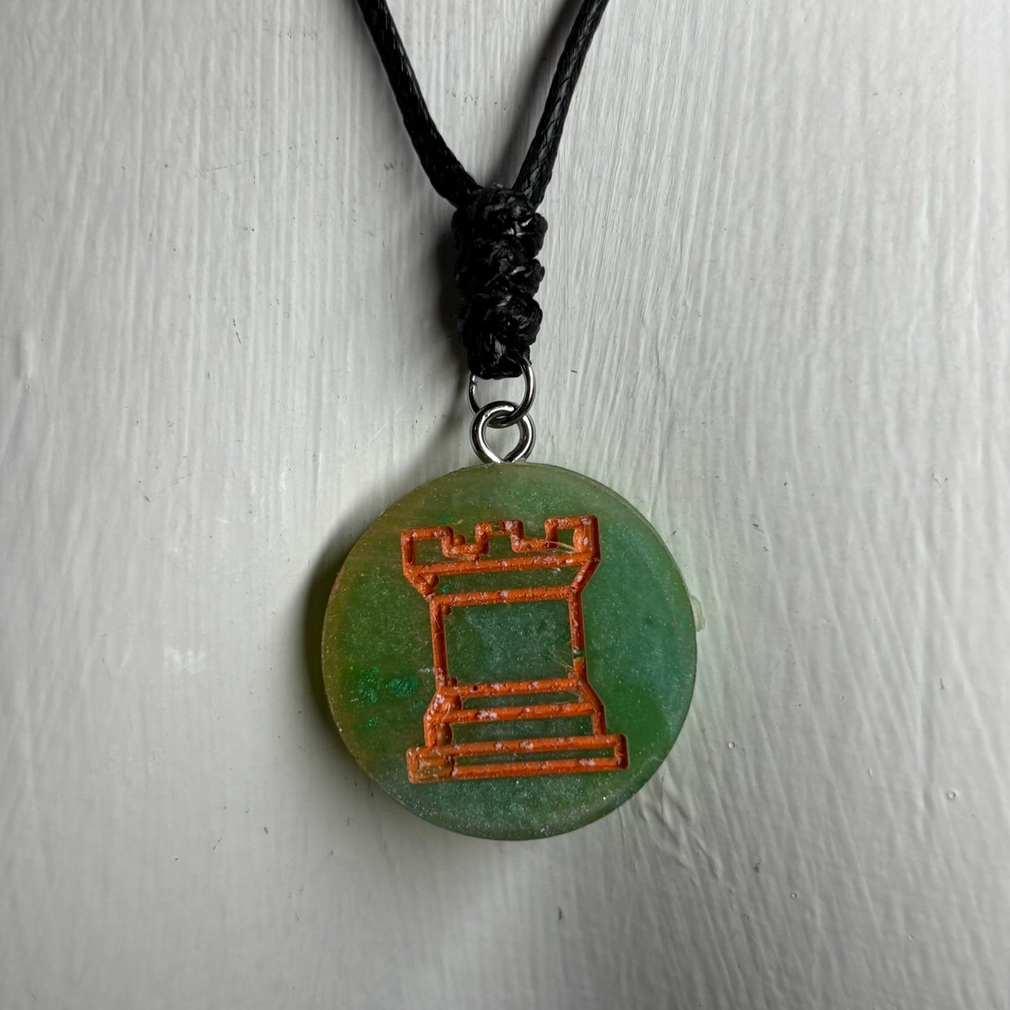 Green & Orange Rook - Handmade Resin Chess Necklace