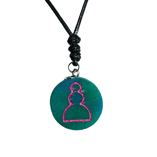 Pink & Green Pawn - Handmade Resin Chess Necklace