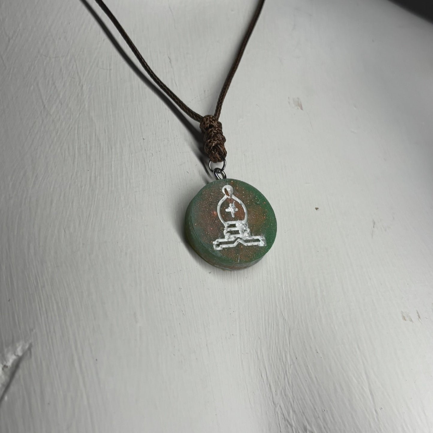 Green/Orange Bishop - Handmade Resin Chess Necklace
