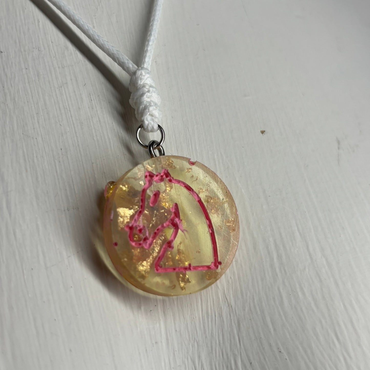 Yellow Crystal Pink Knight - Handmade Resin Chess Necklace