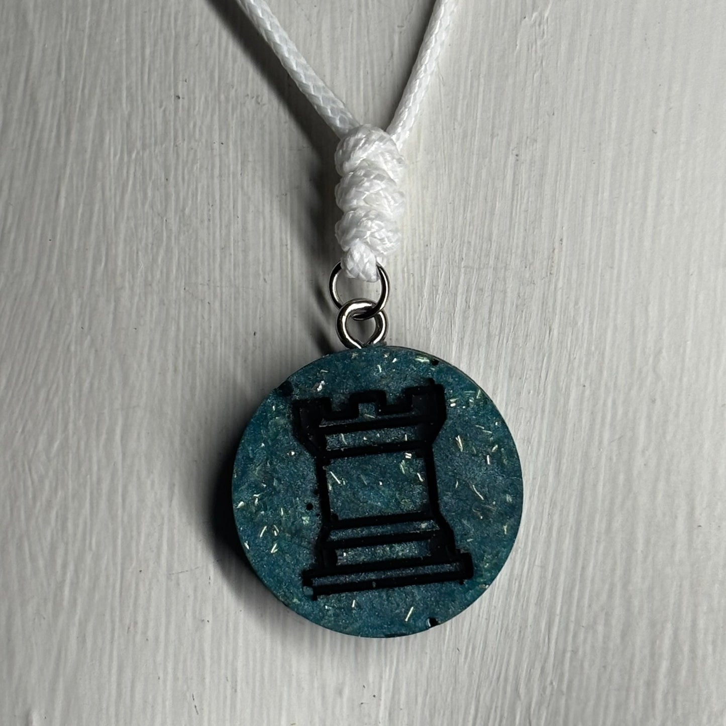 Blue Crystal Rook - Handmade Resin Chess Necklace