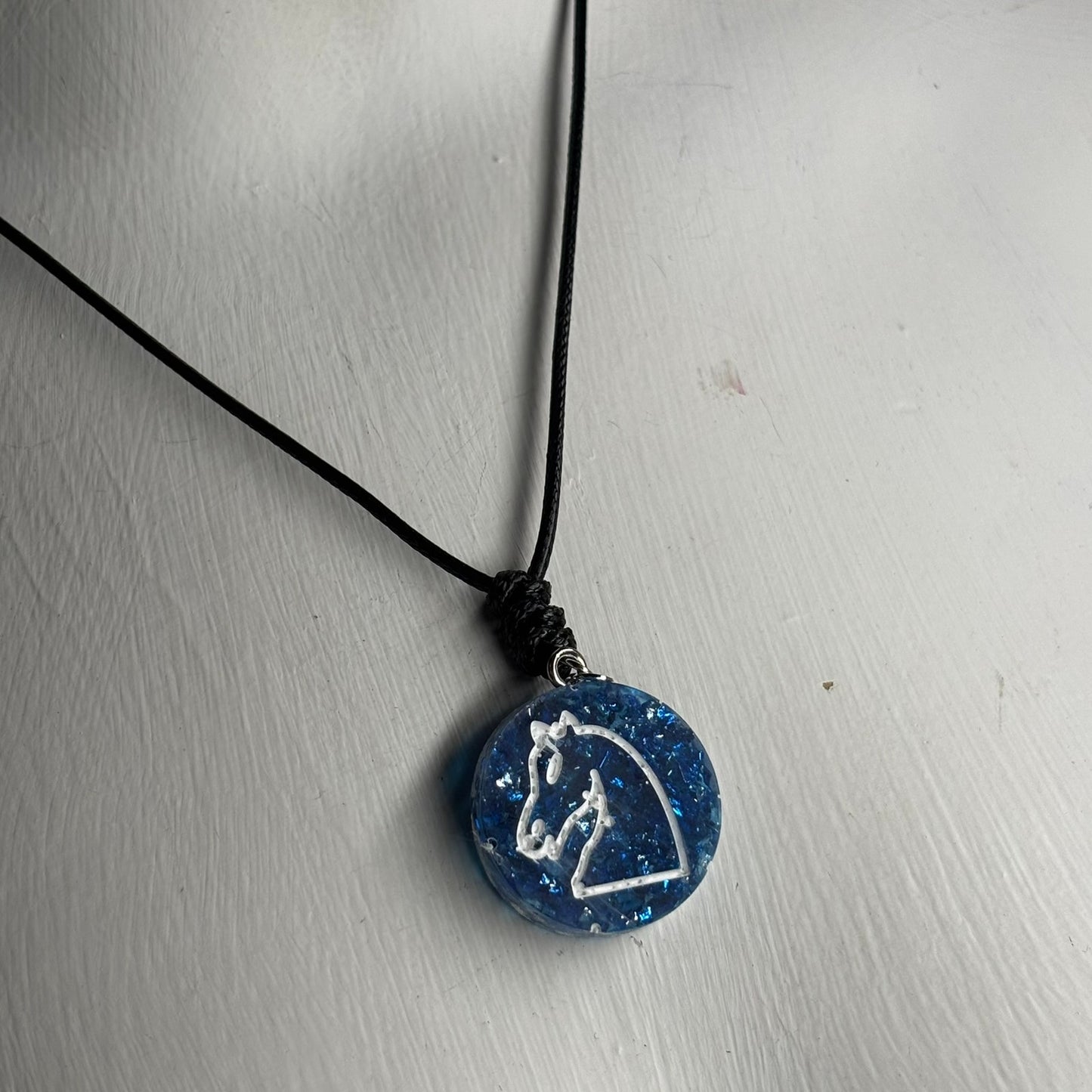 Crystal Blue Knight - Handmade Resin Chess Necklace