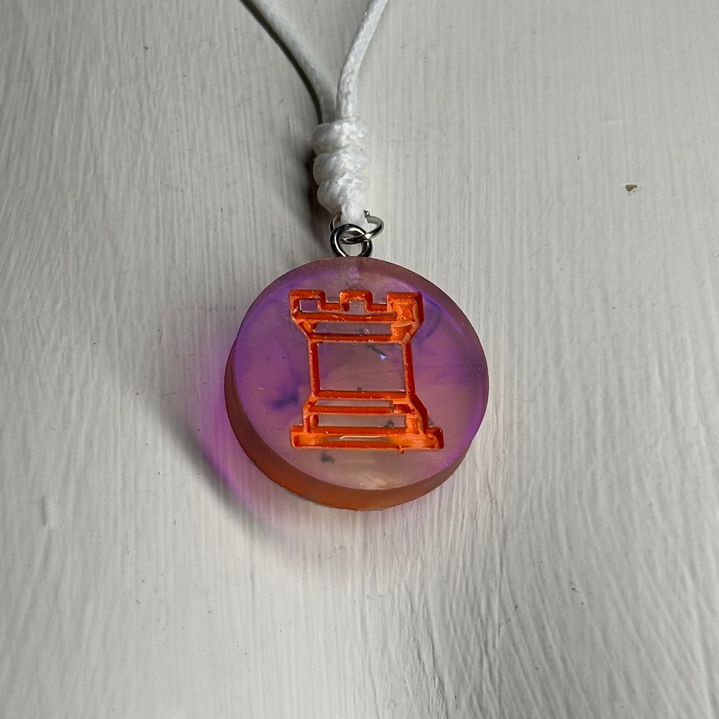 Purple Orange Swirl Rook - Handmade Resin Chess Necklace
