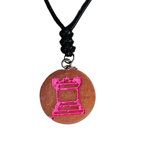 Burning Pink Rook - Handmade Resin Chess Necklace