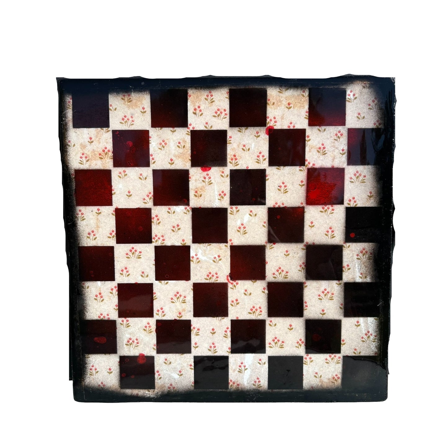 Vintage Red Flowers - Resin Coated Chess Board