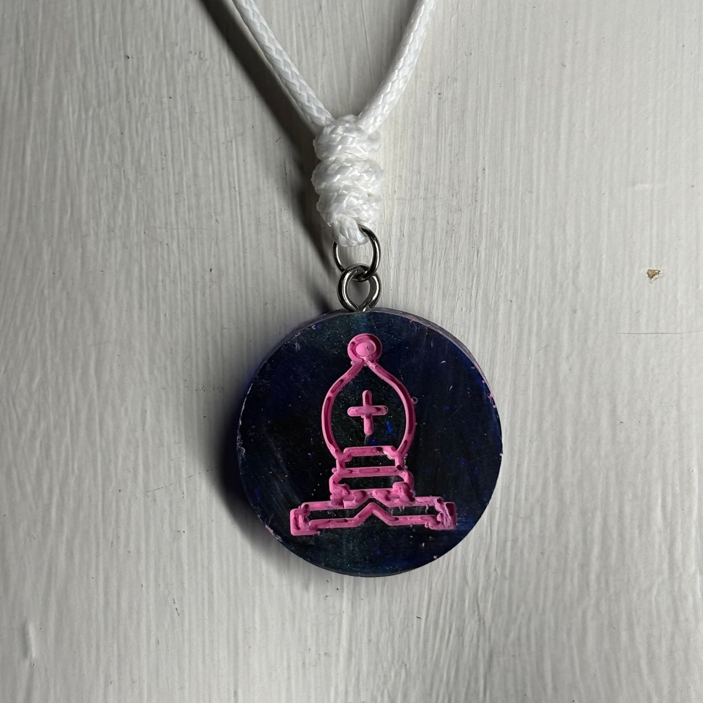 Navy Blue Pink Bishop - Handmade Resin Chess Necklace