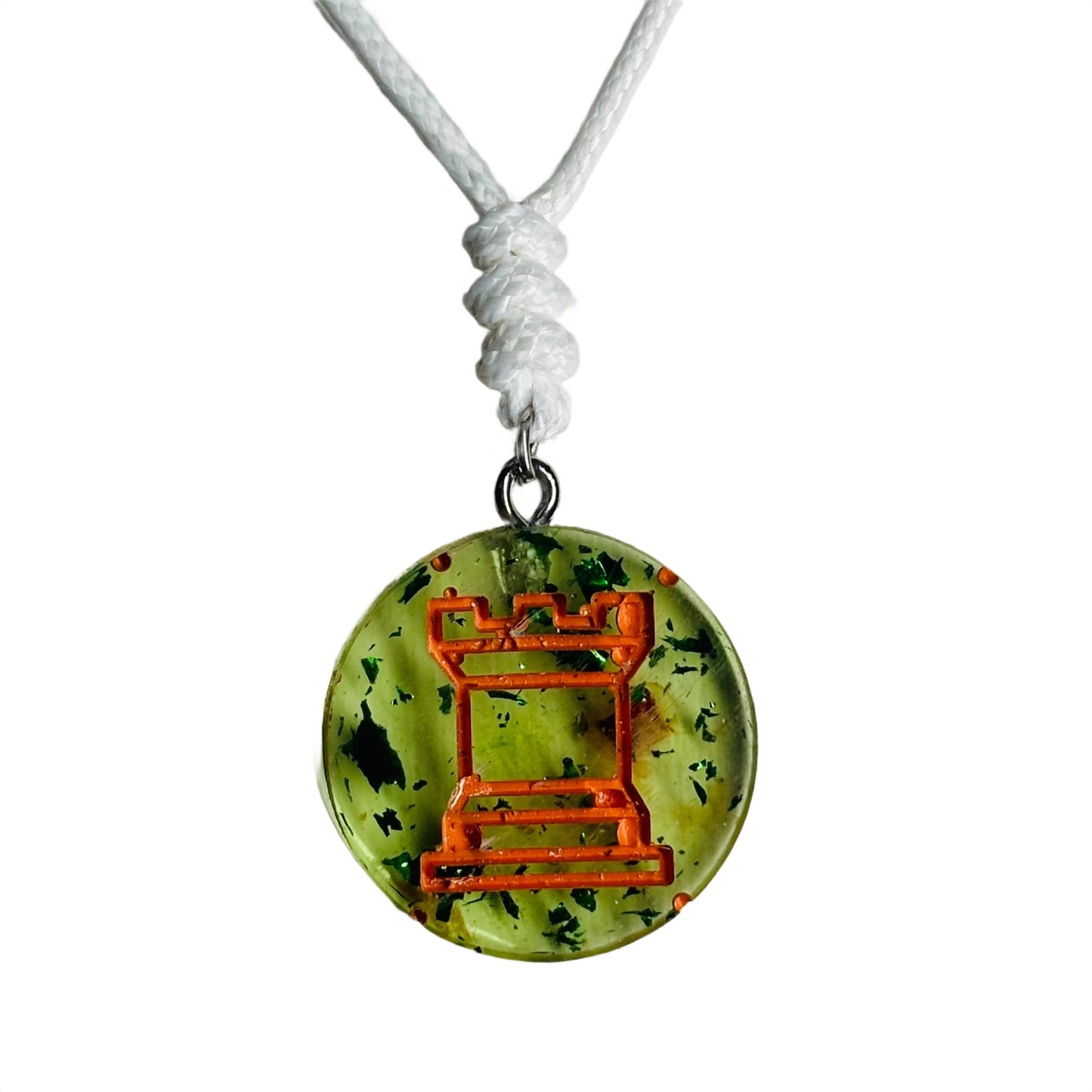 Green Orange Rook - Handmade Resin Chess Necklace