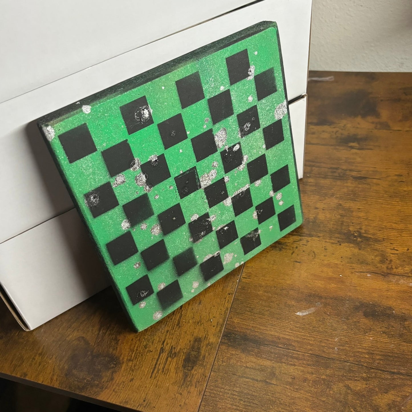 Green & Black Chrome Drip - Painted Double Sided Chess Board
