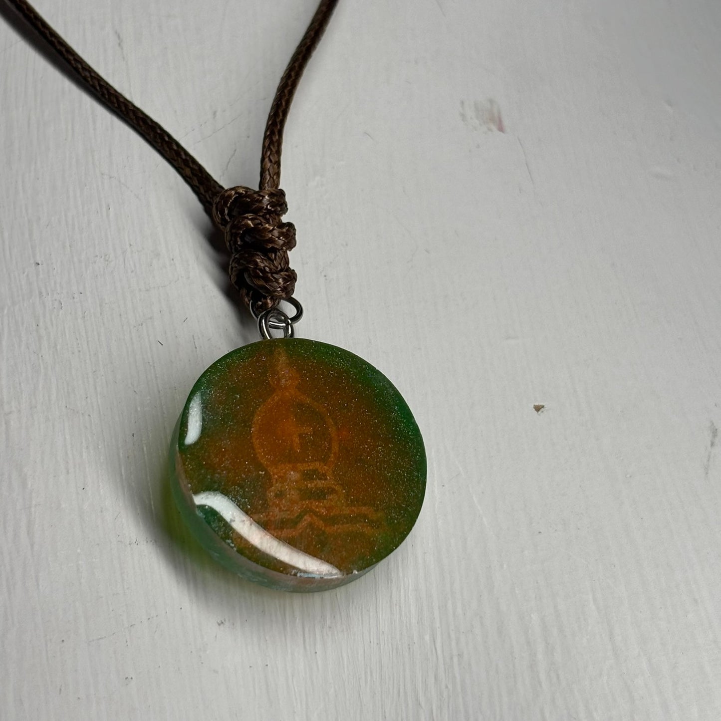 Green/Orange Bishop - Handmade Resin Chess Necklace