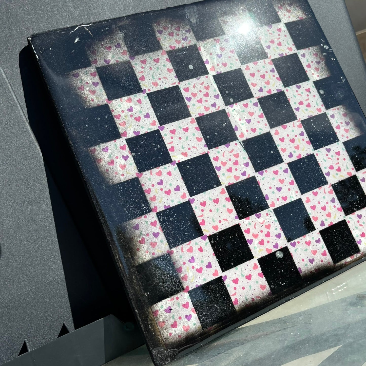 Colorful Hearts - Resin Coated Chess Board