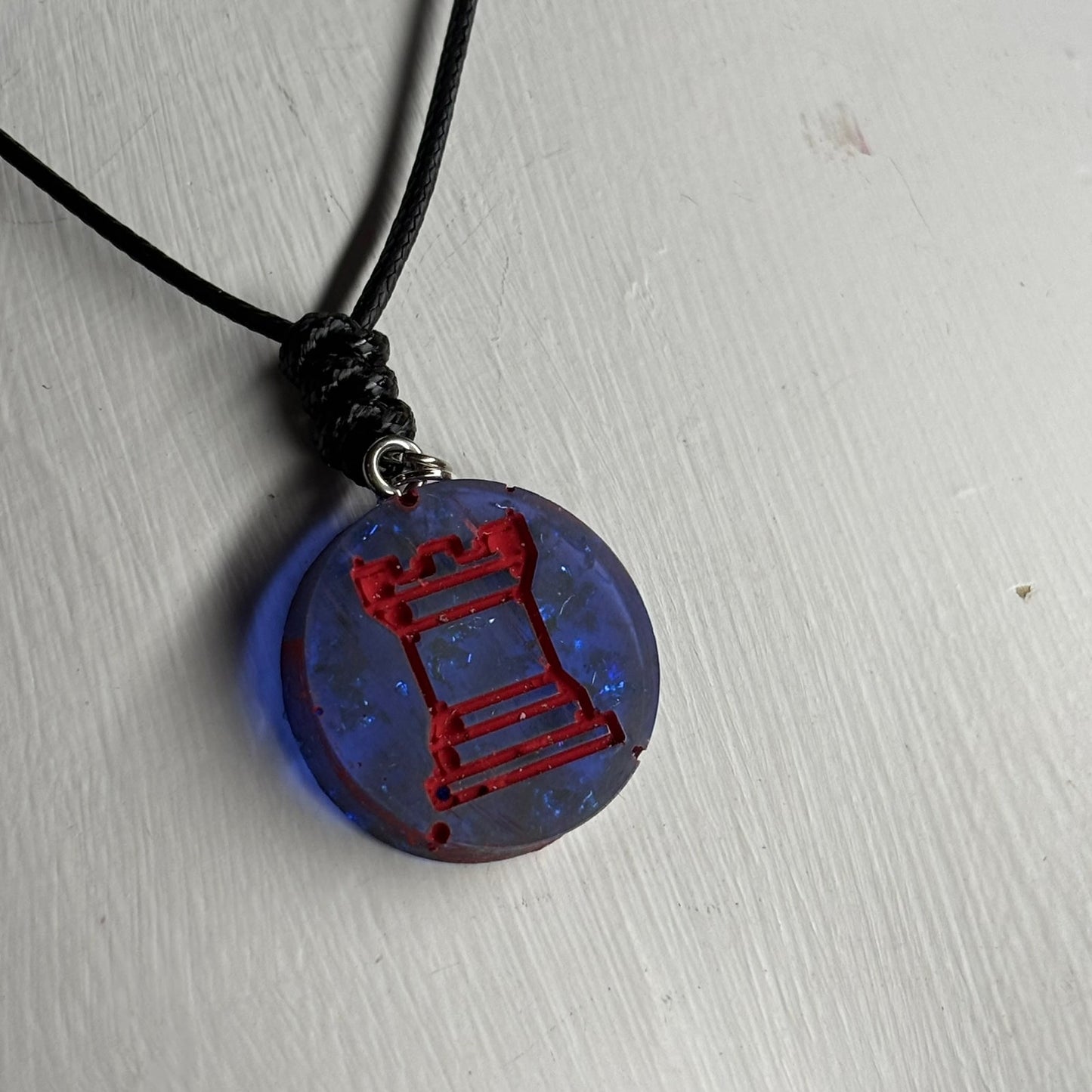 Blue & Red Rook - Handmade Resin Chess Necklace