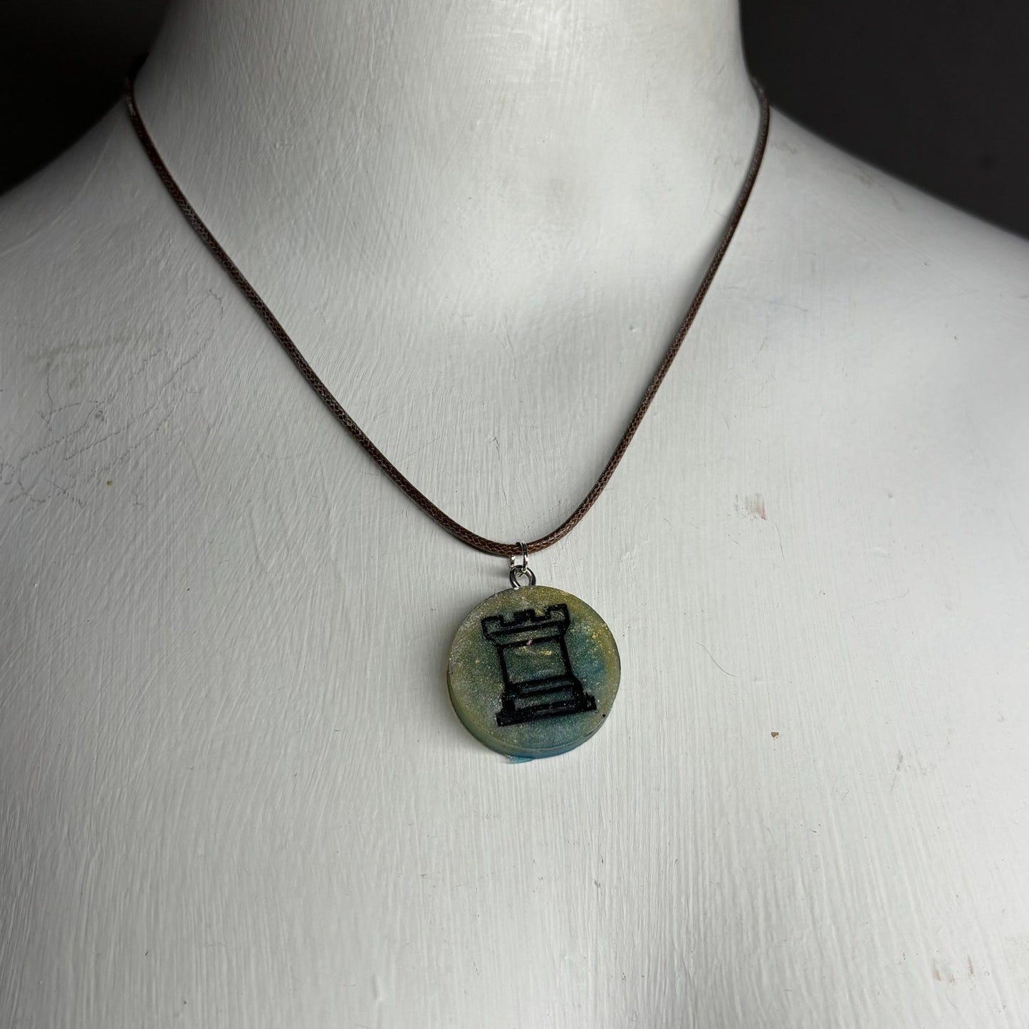 Green Blue Rook - Handmade Resin Chess Necklace