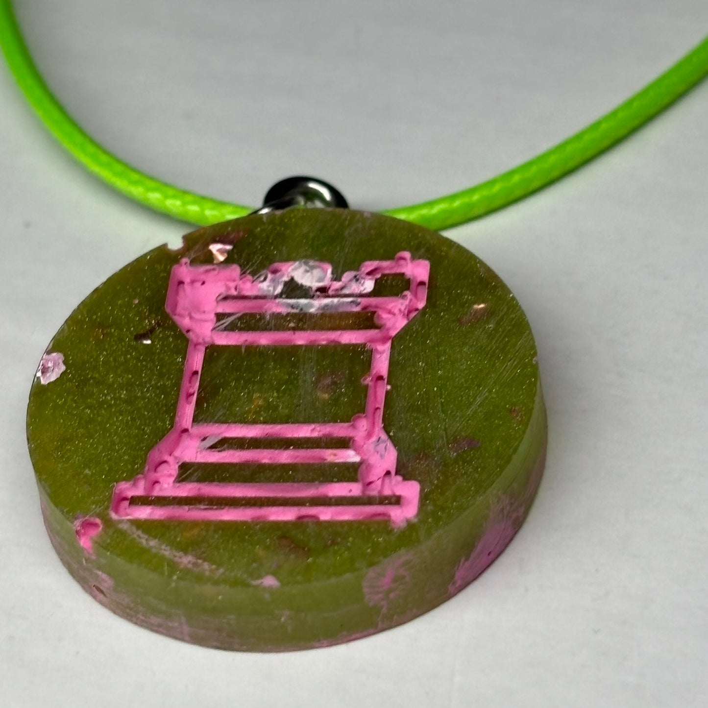 Green/Pink Rook - Handmade Resin Chess Necklace