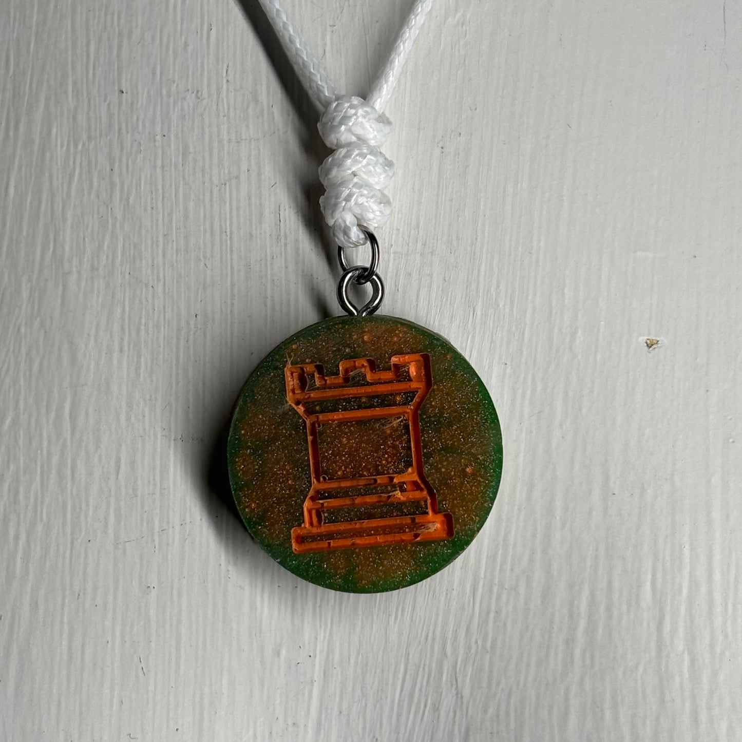 Rustic Green/Orange Rook - Handmade Resin Chess Necklace