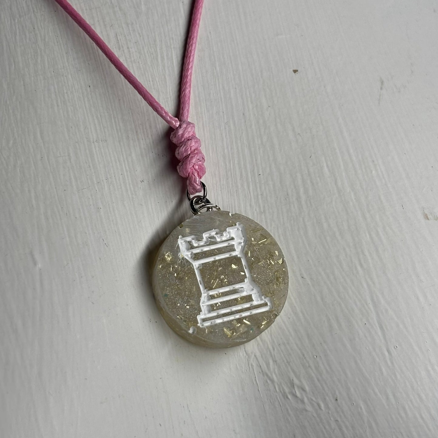Pink Crystal Rook - Handmade Resin Chess Necklace