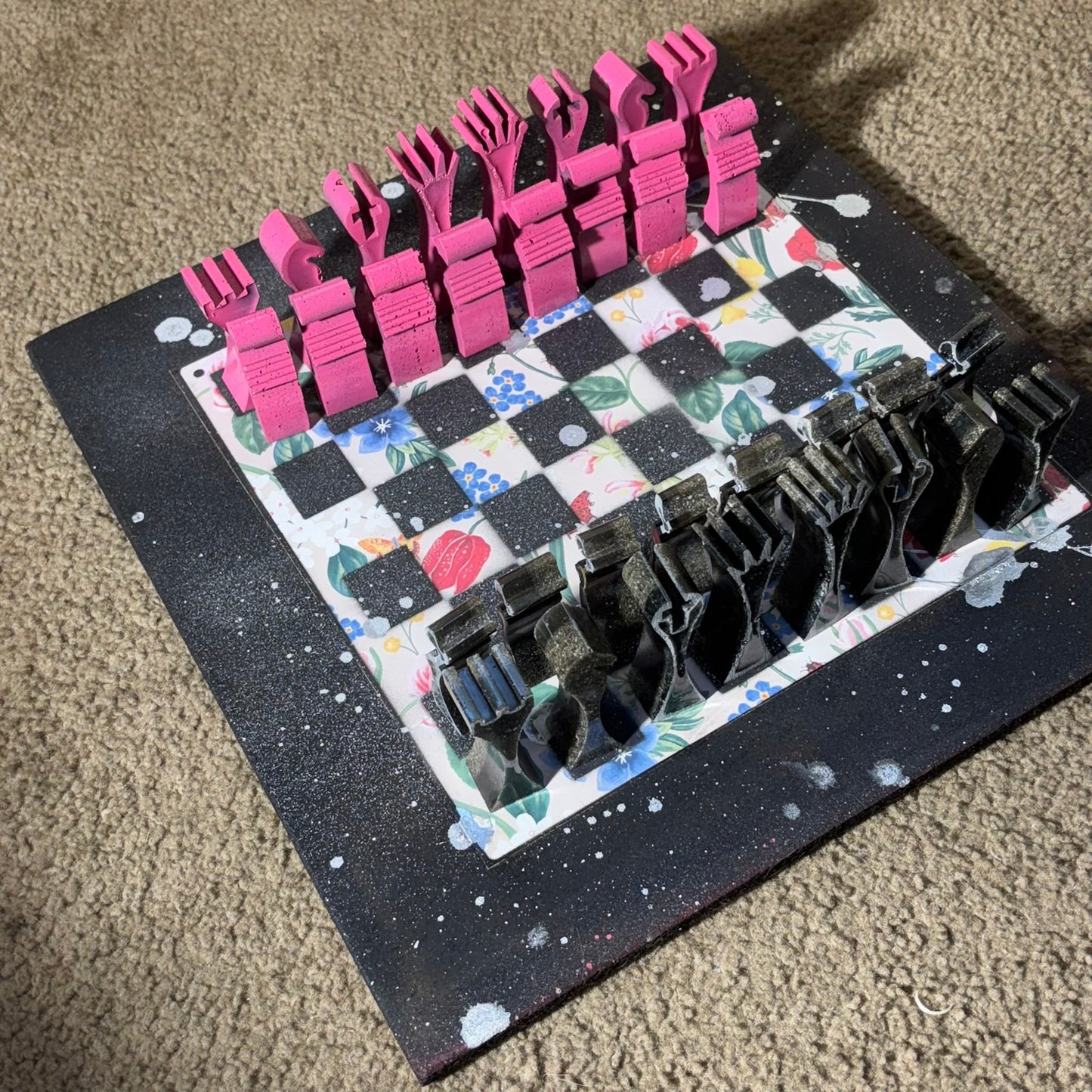 Pink Flowered Pattern - Large Deluxe Chess Set
