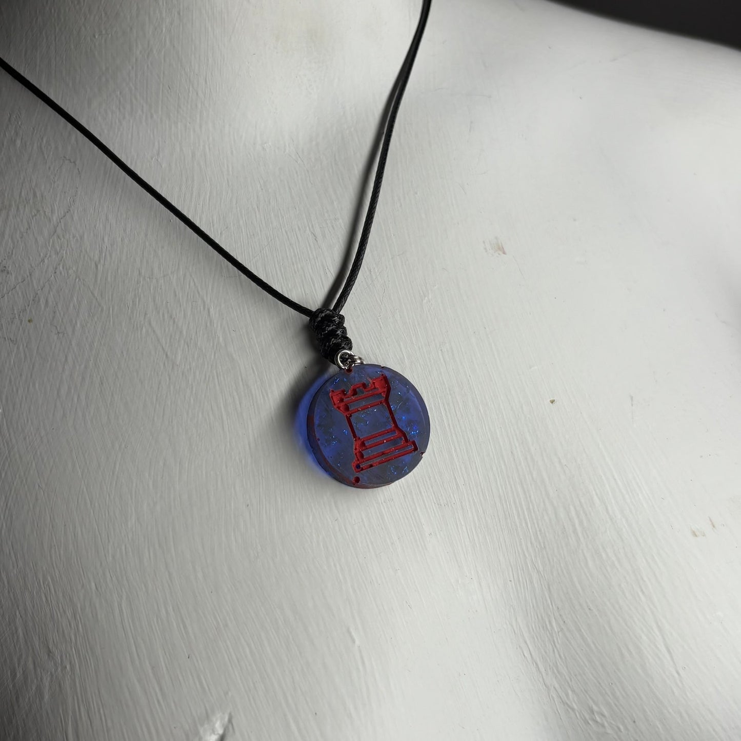 Blue & Red Rook - Handmade Resin Chess Necklace