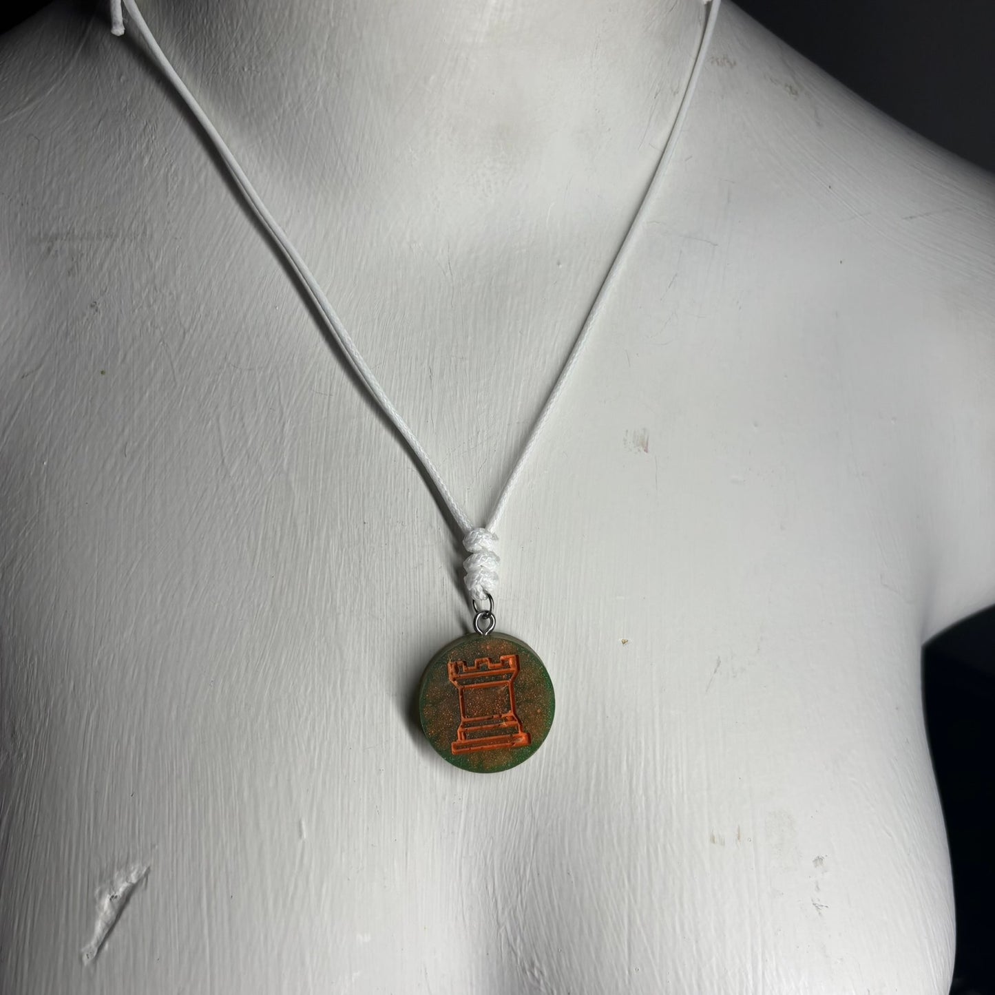 Rustic Green/Orange Rook - Handmade Resin Chess Necklace