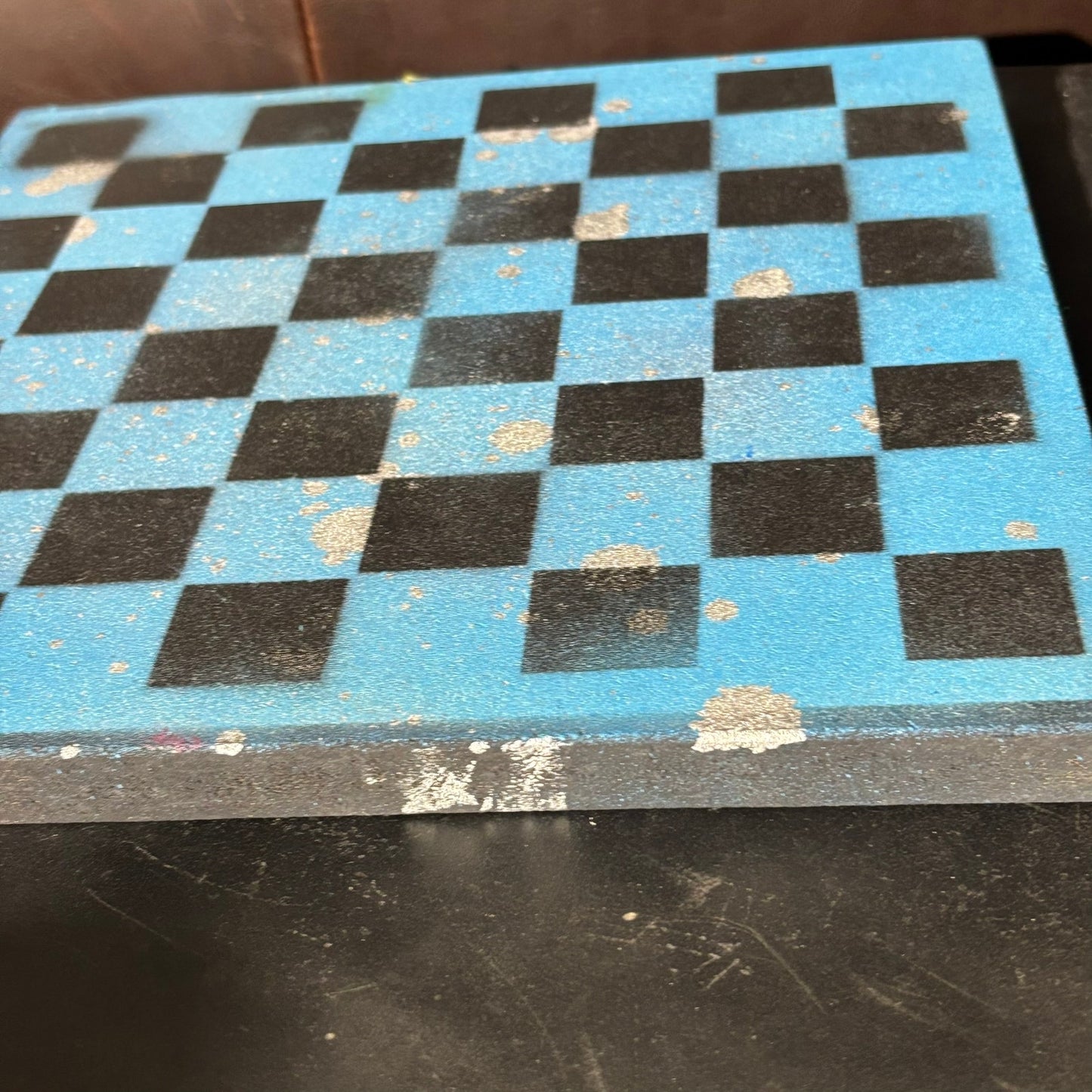 Blue & Black Chrome Drip - Painted Chess Board