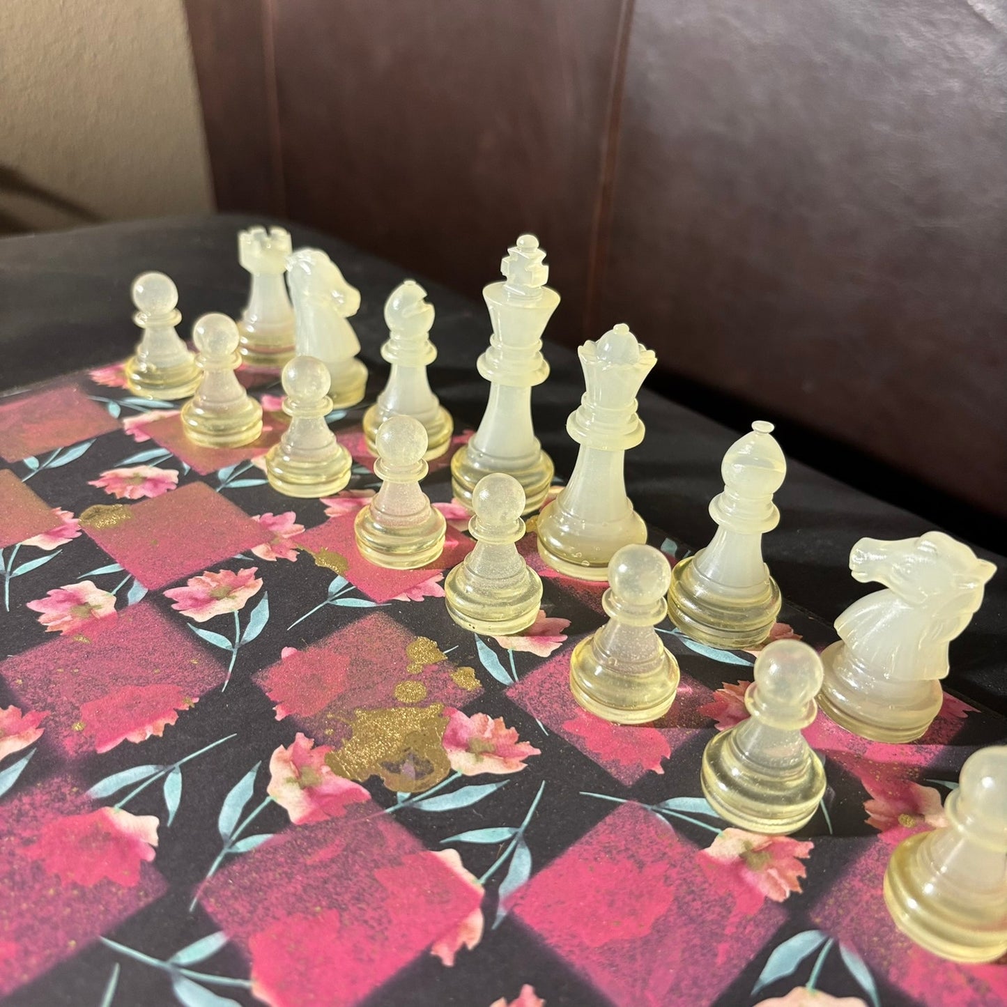 Beautiful Black Pink Flowers - Scrapbook Chess Set