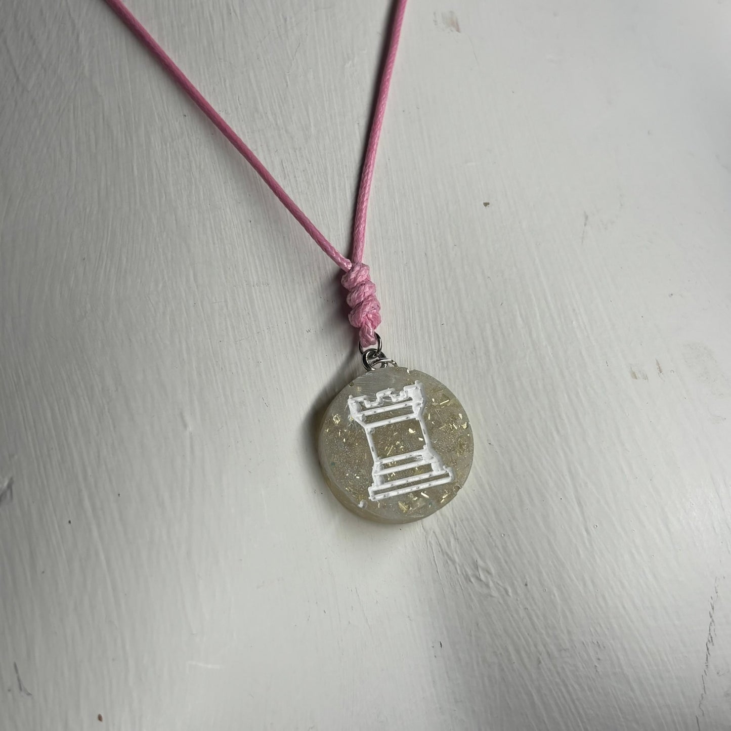 Pink Crystal Rook - Handmade Resin Chess Necklace