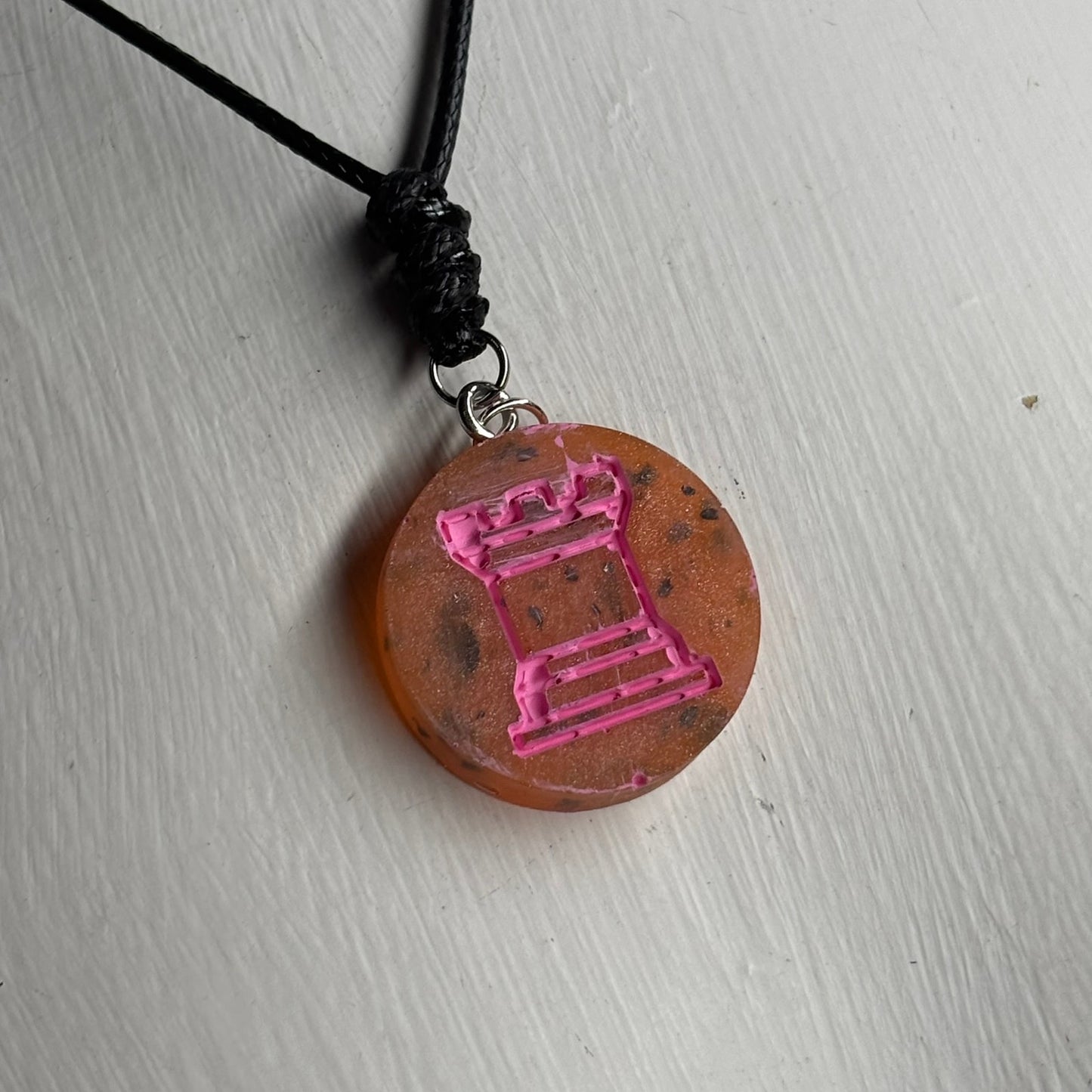 Pink Print Rook - Handmade Resin Chess Necklace
