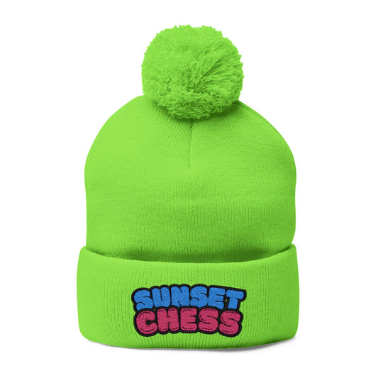 Sunset Chess - Pom Pom Neon Green Beanie