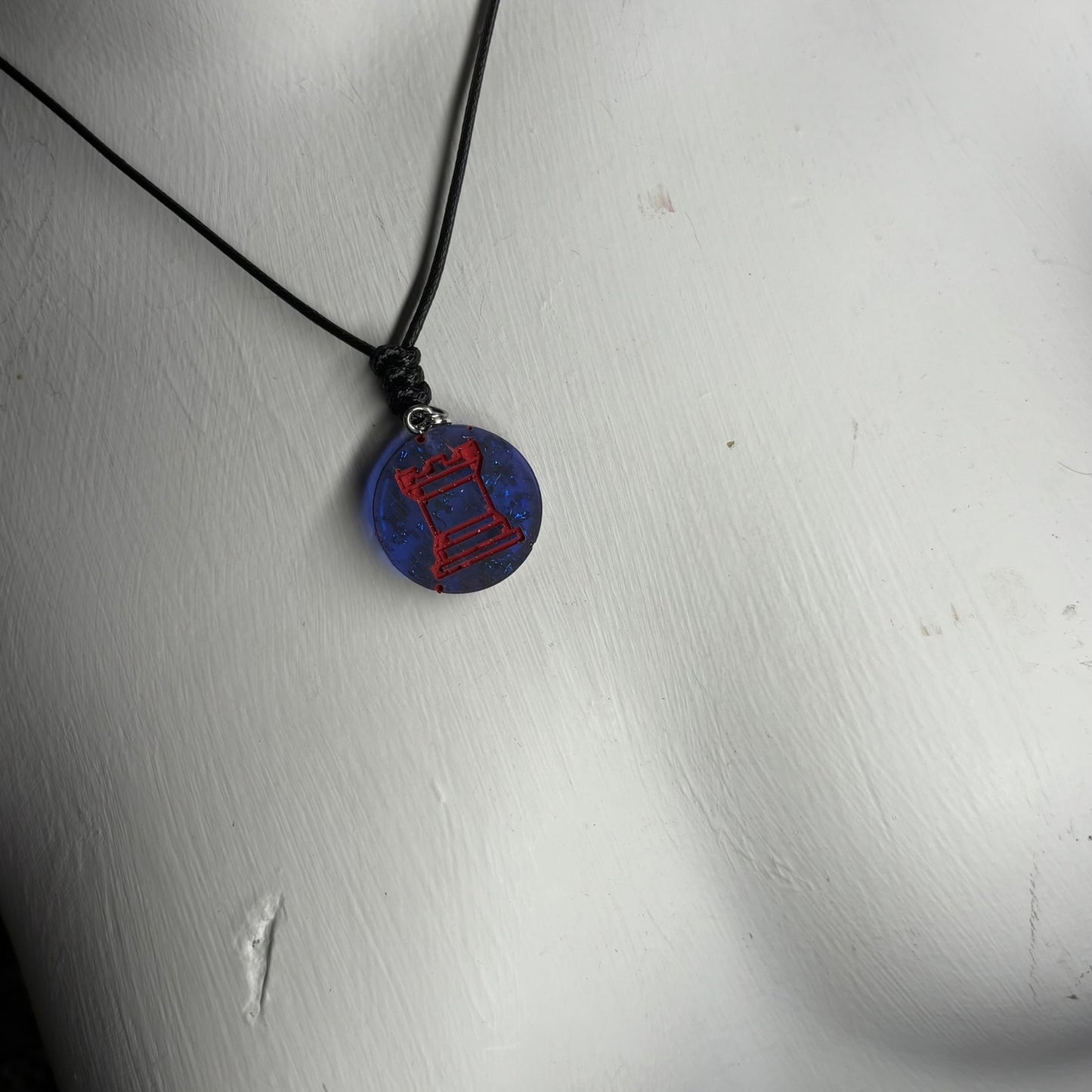 Blue & Red Rook - Handmade Resin Chess Necklace