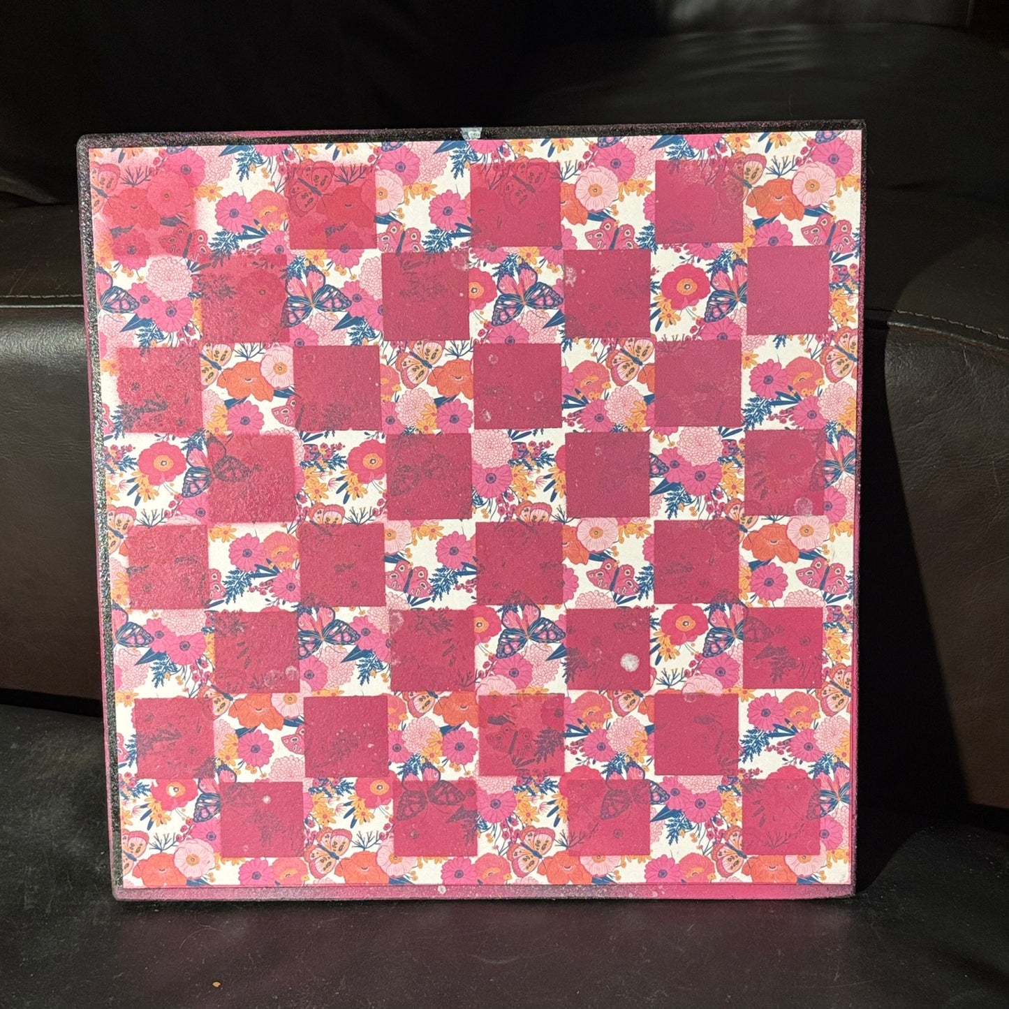Pink Butterfly Flowers - Scrapbook Chess Board