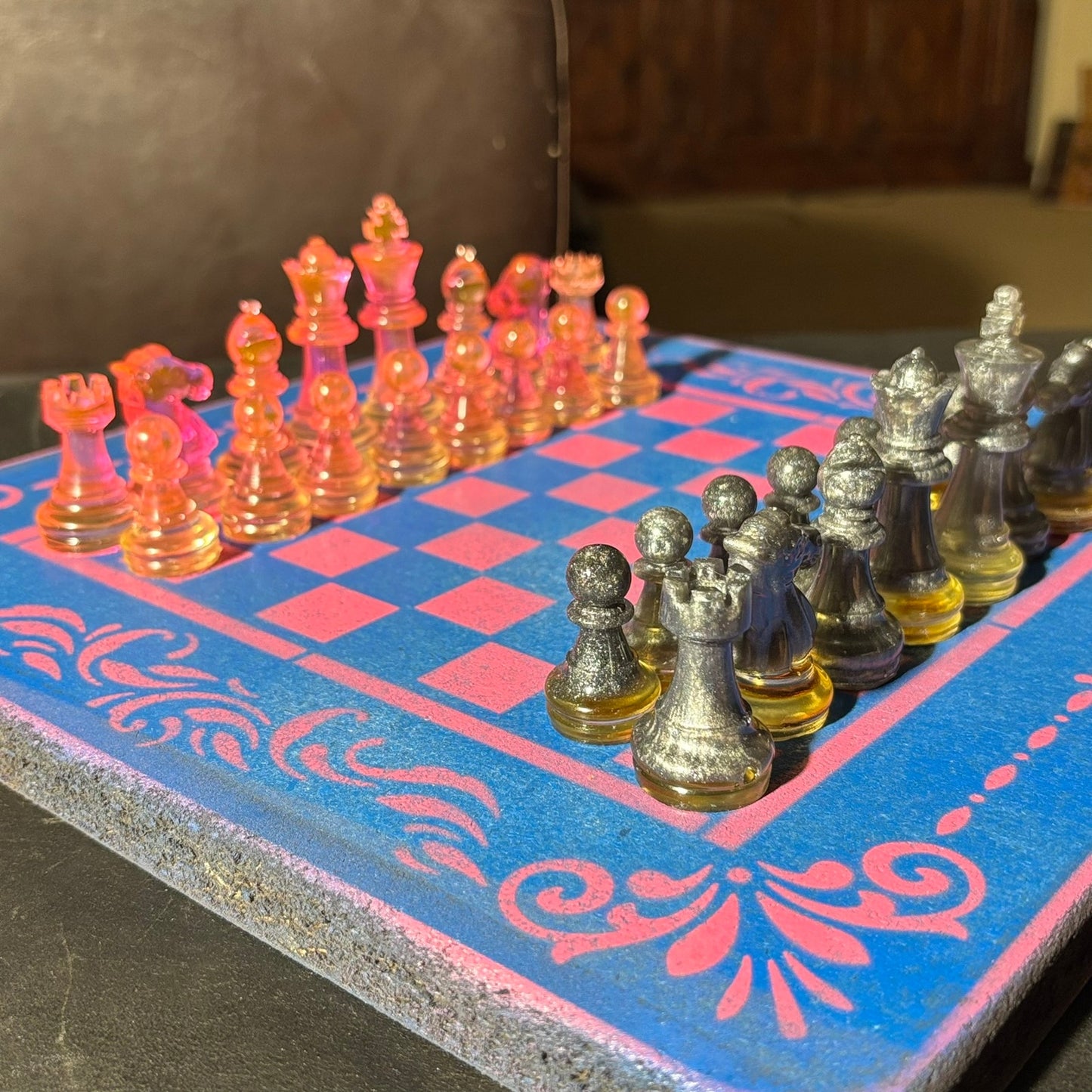 Fancy Pink & Blue - Painted Chess Set