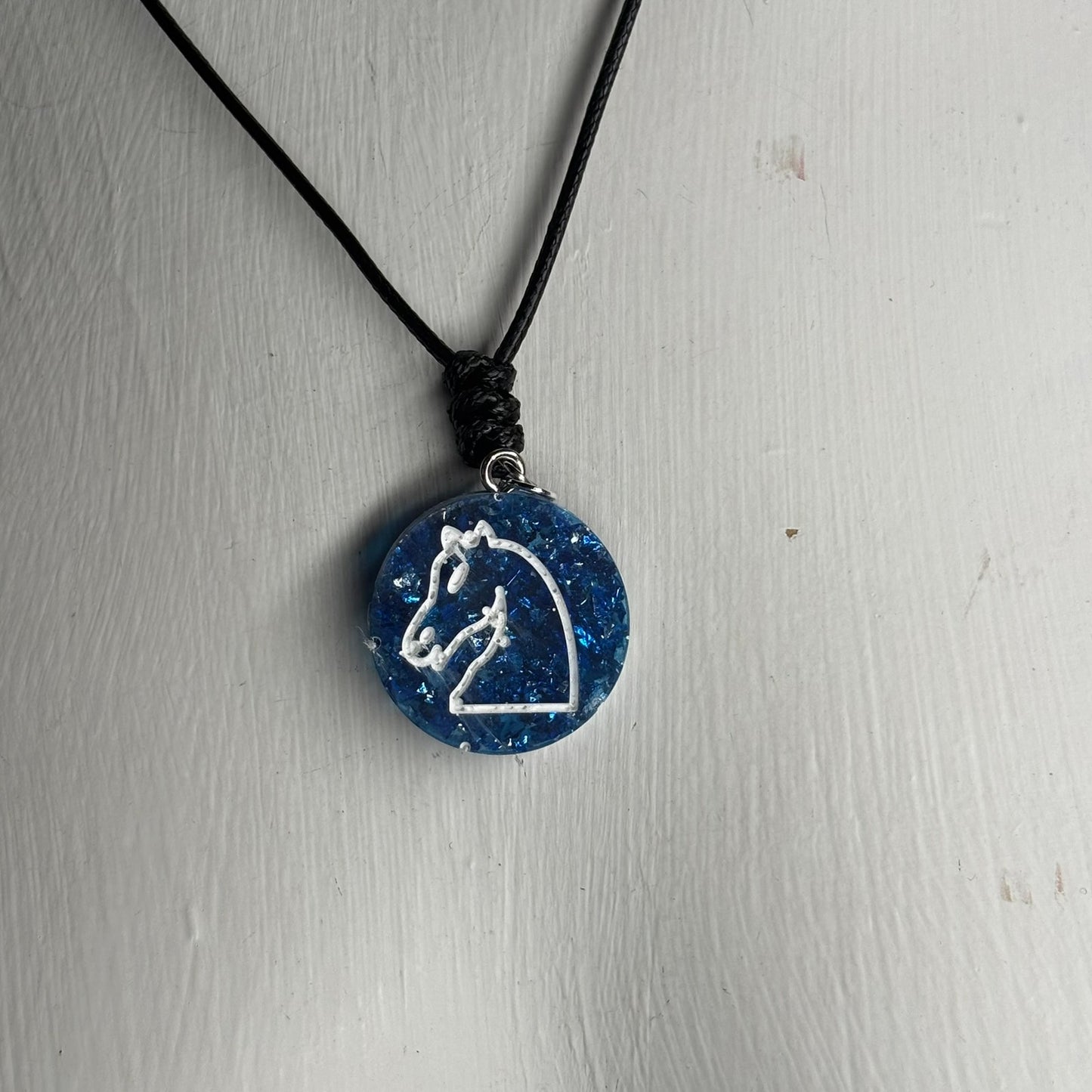 Crystal Blue Knight - Handmade Resin Chess Necklace
