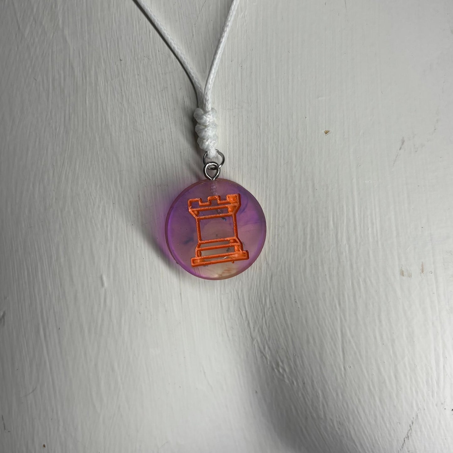 Purple Orange Swirl Rook - Handmade Resin Chess Necklace