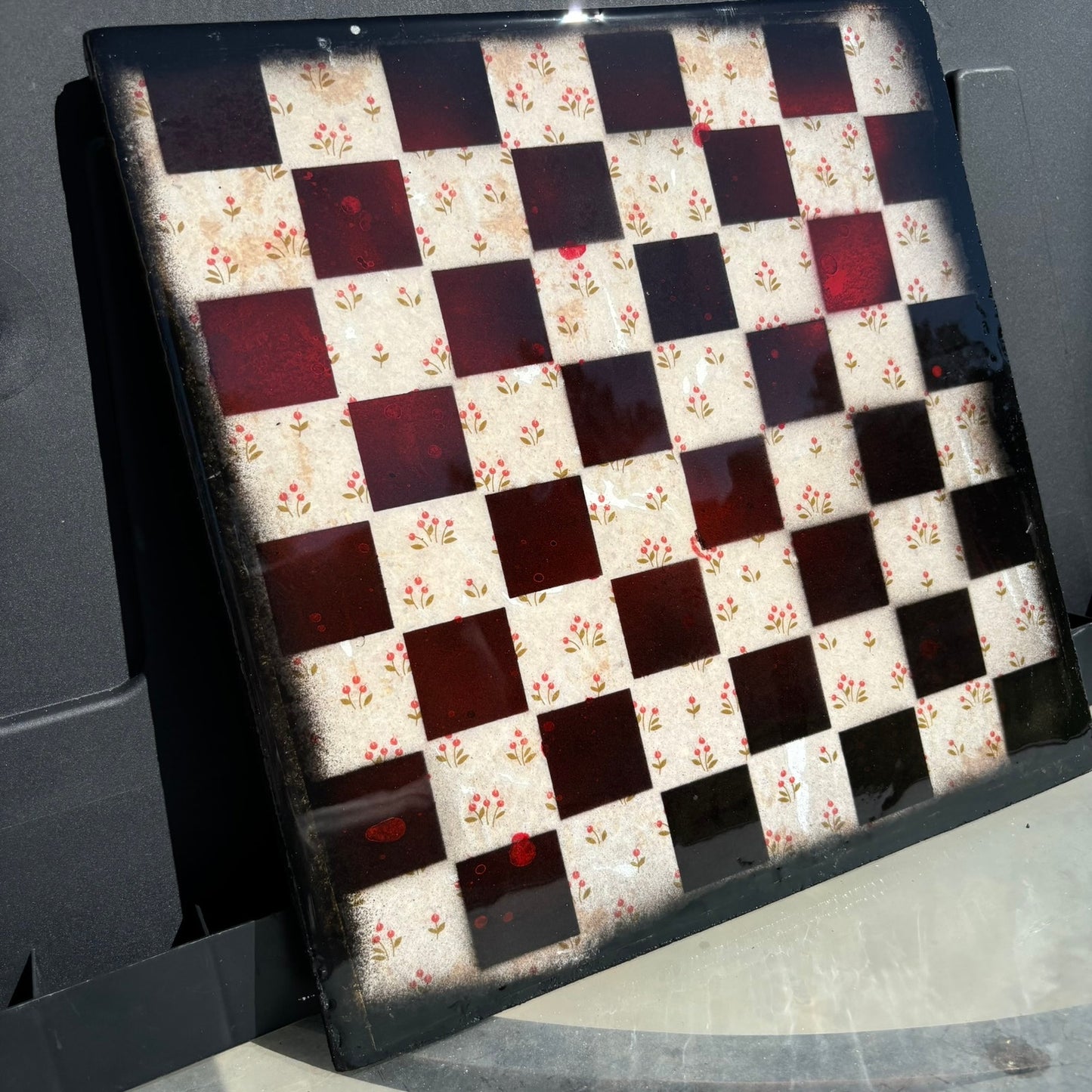Vintage Red Flowers - Resin Coated Chess Board
