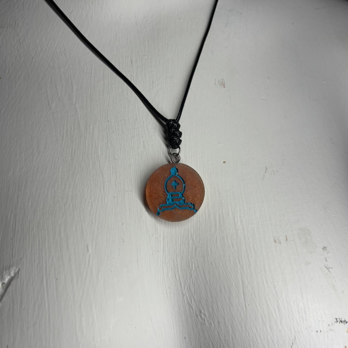 Blue Flamed Bishop - Handmade Resin Chess Necklace - Flat Edition