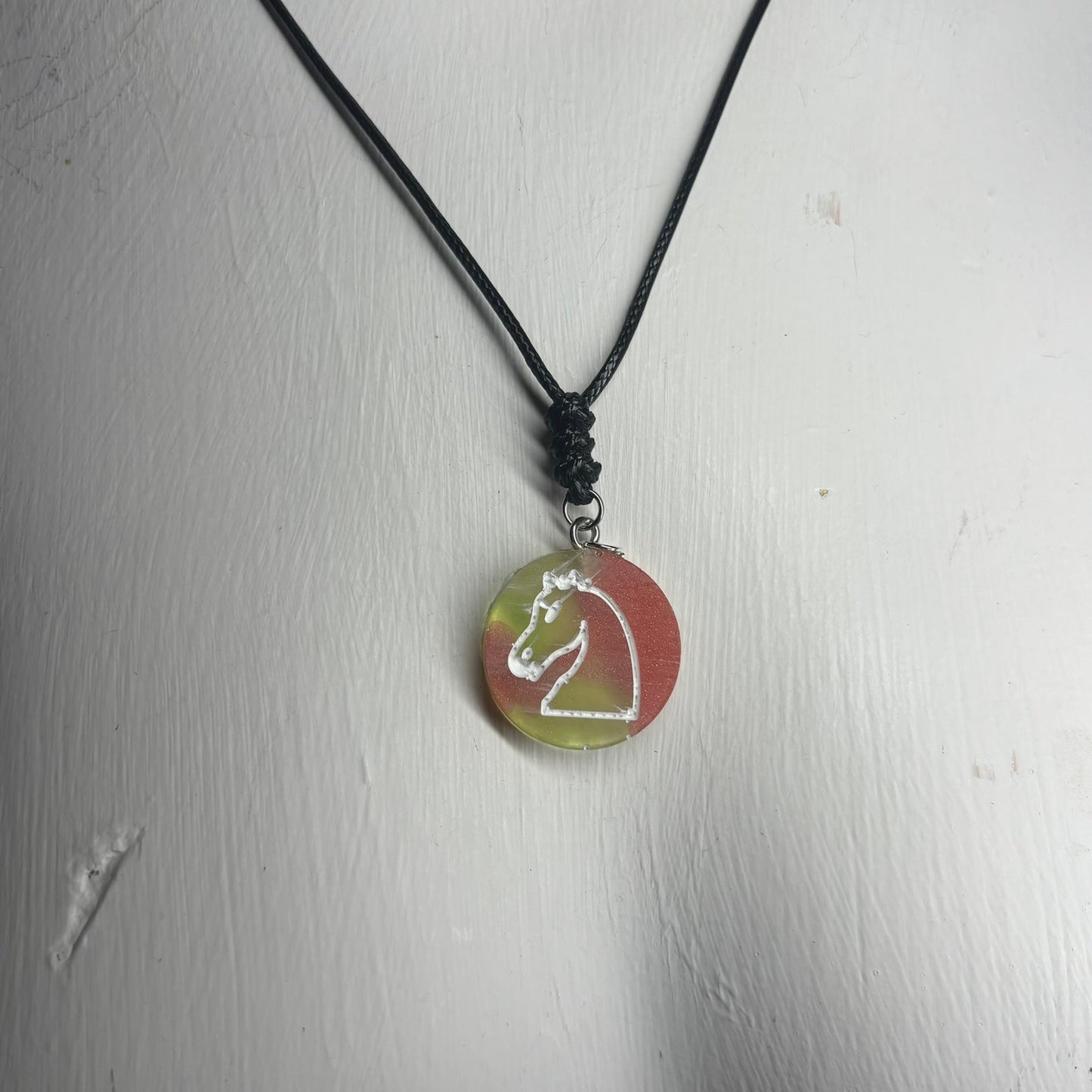 Pink Green Swirl Knight - Handmade Resin Chess Necklace