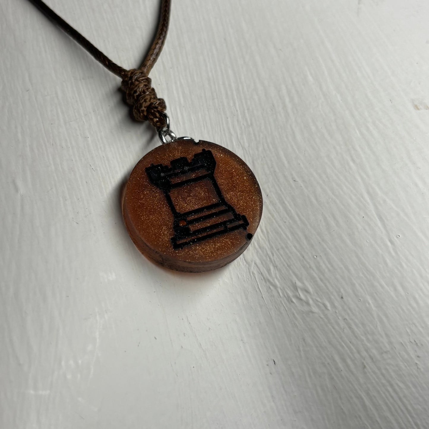 Amber Brown Rook - Handmade Resin Chess Necklace