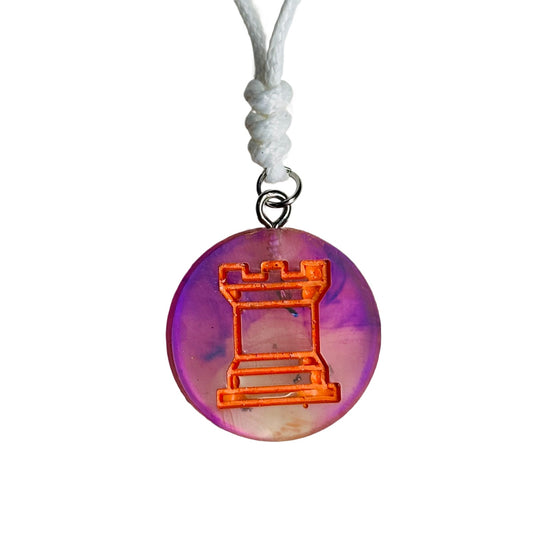 Purple Orange Swirl Rook - Handmade Resin Chess Necklace
